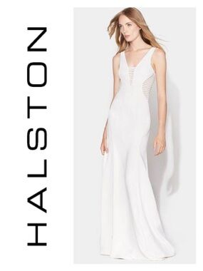 HALSTON HERITAGE Sleeveless Crepe & Stripe Appliqué Gown